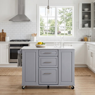 Kitchen Island Fits for Home with Drop Leaf Countertop, Hidden Trash Cabinet & Pull-Out Organizer
