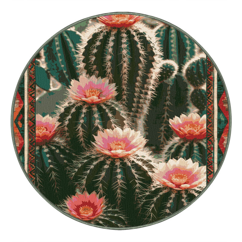 Washable Barrel Cactus Southwestern Area Rug, Round 4'