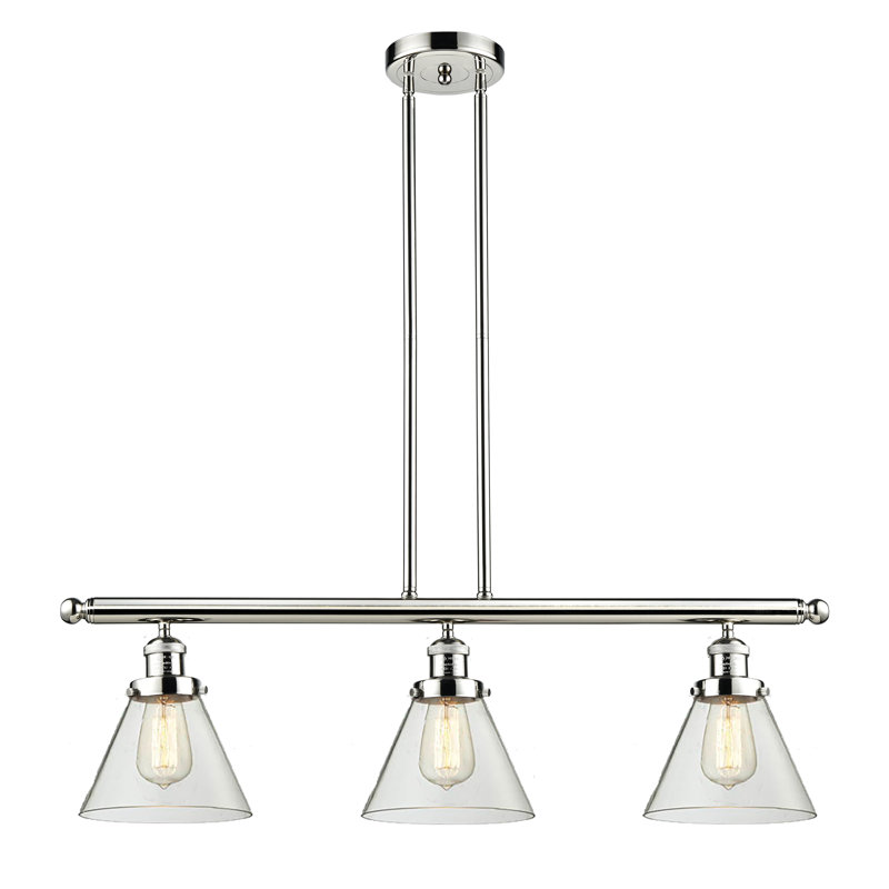 Cone 3 Light Stem Hung Island Light, 36" H x 36" W x 8" D, Clear, Polished Nickel