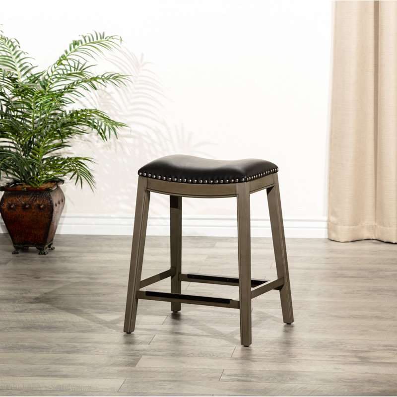 Tabouret de selle à hauteur de comptoir de 24 po en cuir gris et noir - siège profilé pour un confort accru dans la salle à manger, coussin moelleux, cuisine idéale ou bar