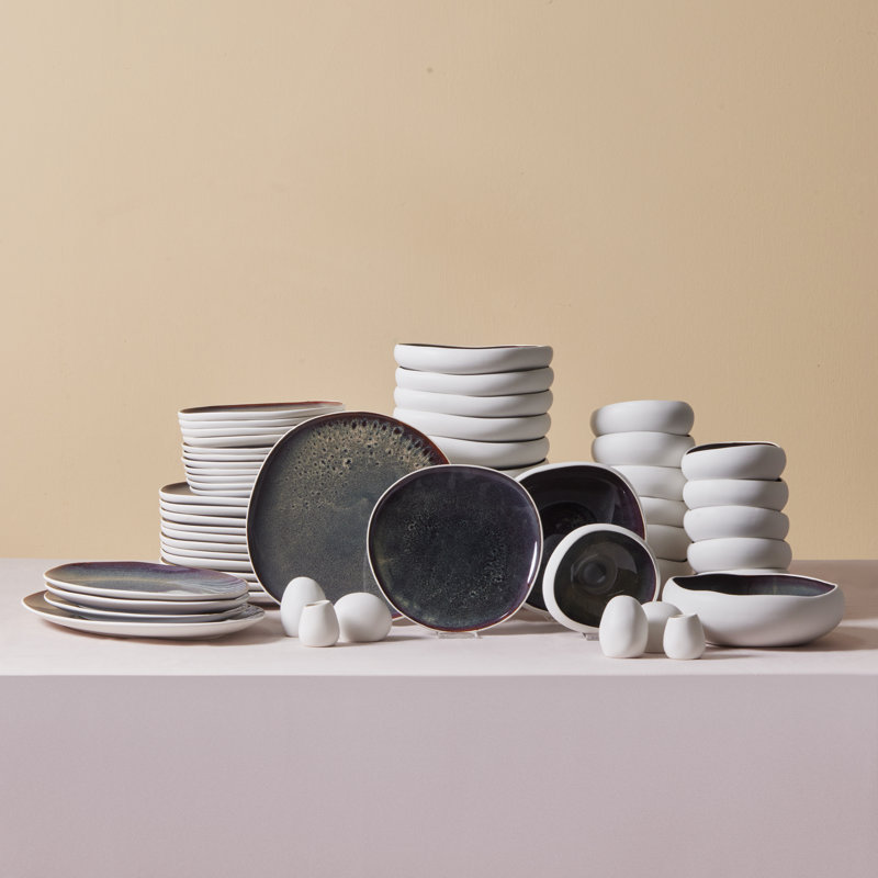 Karaca Streamline New Galactic 59-Piece Reactive Glaze Dinner Set for 12 People, White