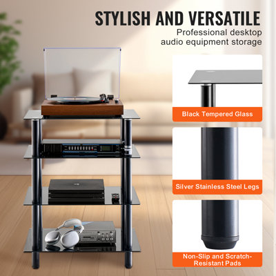 Meuble multimédia AV à 4 niveaux, support audio/vidéo avec étagères en verre trempé renforcé pour DVD, décodeurs câble et consoles de jeux, meuble de rangement pour salle de jeux ou d'enregistrement.