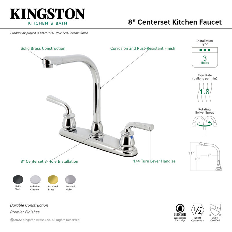 Kingston Brass Restoration Two-Handle 8" Centerset Kitchen Faucet, Polished Chrome, Without Side Spray