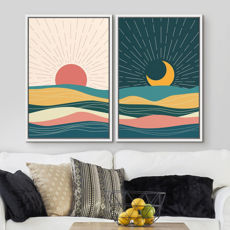 Desert Sun & Crescent Moon, H 36 po x l 48 po x P 1,5 po, Cadre flottant blanc