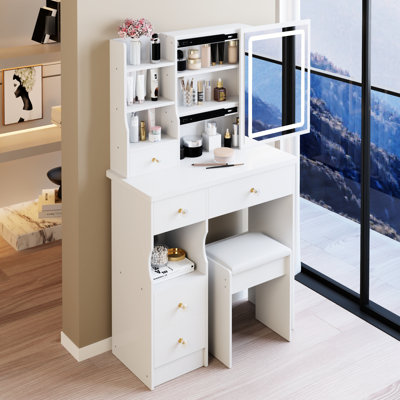 Petite table de meuble-lavabo avec tiroir gauche de 29,2 po, tabouret rembourré, miroir à DEL réglable à luminosité tricolore, idéal pour les petits tiroirs de bureau dans les chambres à coucher