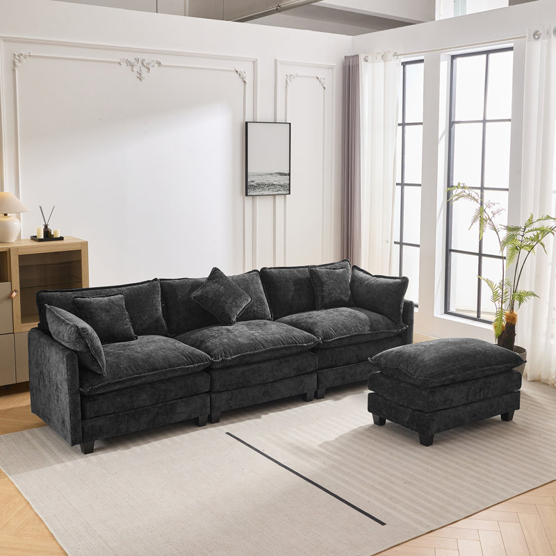 Canapé modulaire rembourré, Chenille blanche, H 33,85 po x l 81 po x P 34,25 po