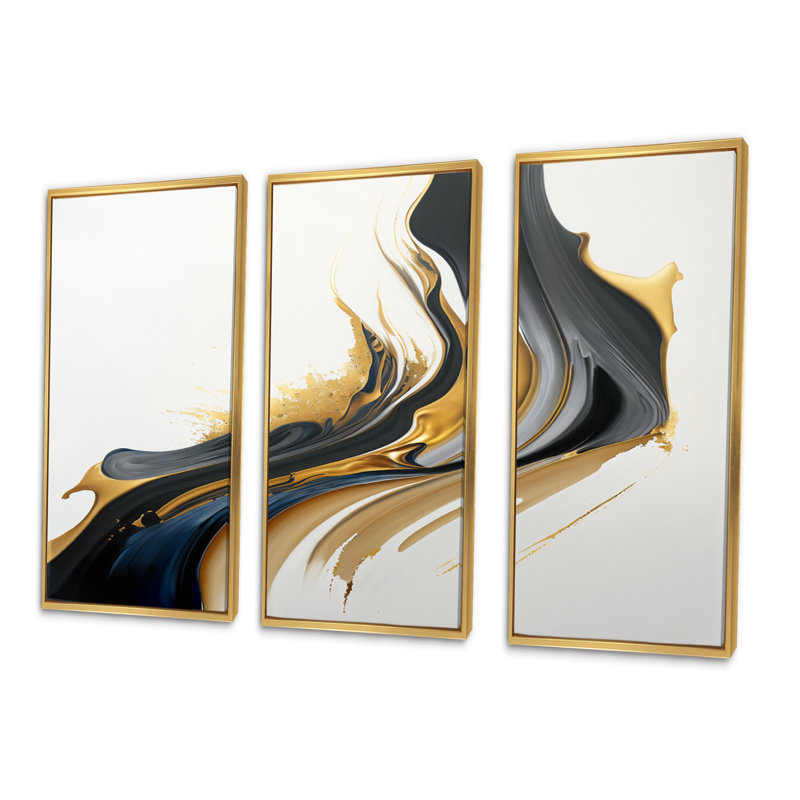 Noir, blanc et or liquide Art II - ensemble d'art mural moderne sur toile, H 28 po x l 36 po x P 1 po, Encadrement doré