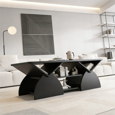 Modern Rectangular Coffee Table With Open Shelves – Engineered Wood, Rounded Corners, Geometric Design For Living Room Or Reception Area