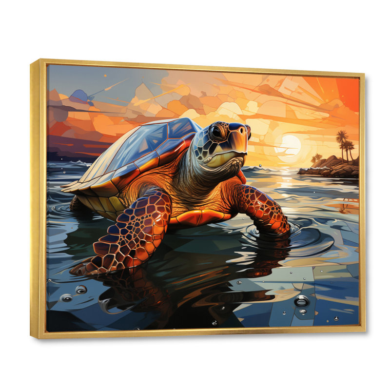 Portrait de tortue géométrique II, H 34 po x l 44 po x P 1,5 po, Cadre flottant doré
