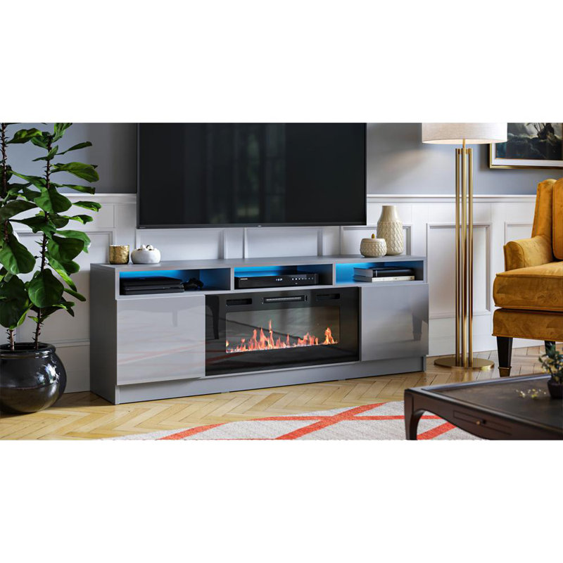 Meuble télé pour téléviseur de 70 po ou moins avec foyer électrique Anirudh, gris