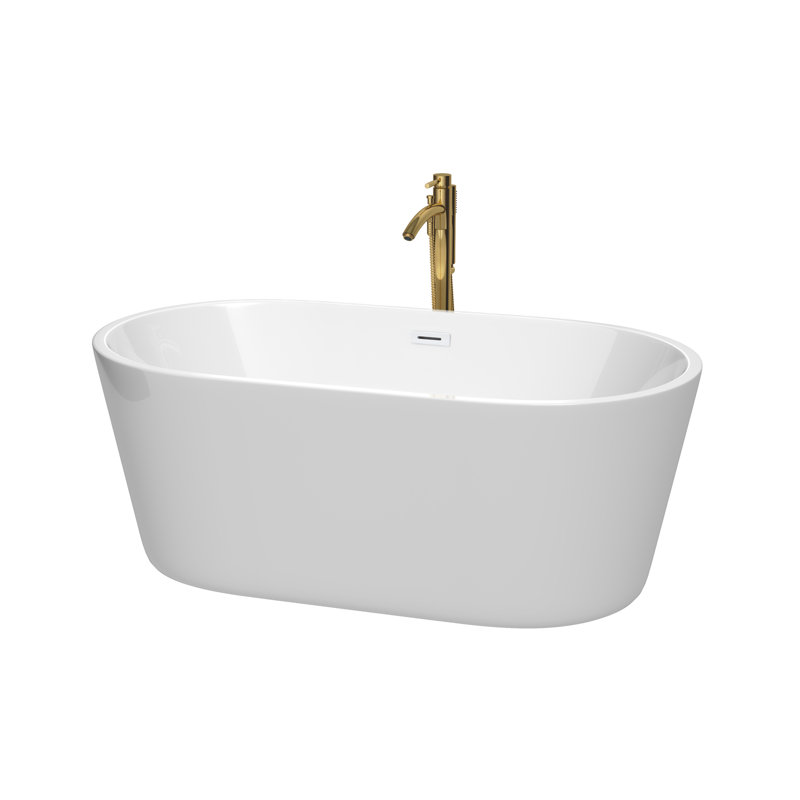 Carissa 60'' x 32'' Soaking Acrylic Bathtub with Faucet, White/Shiny White/Brushed Gold