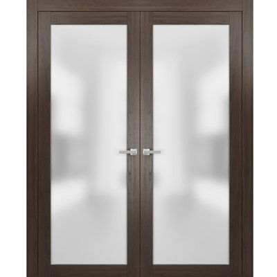 Solid French Double Doors Frosted Glass Planum 2102 Chocolate Ash Wood Solid Panel Frame Trims Closet Bedroom Sturdy Doors 48" x 80" (2* 24x80)