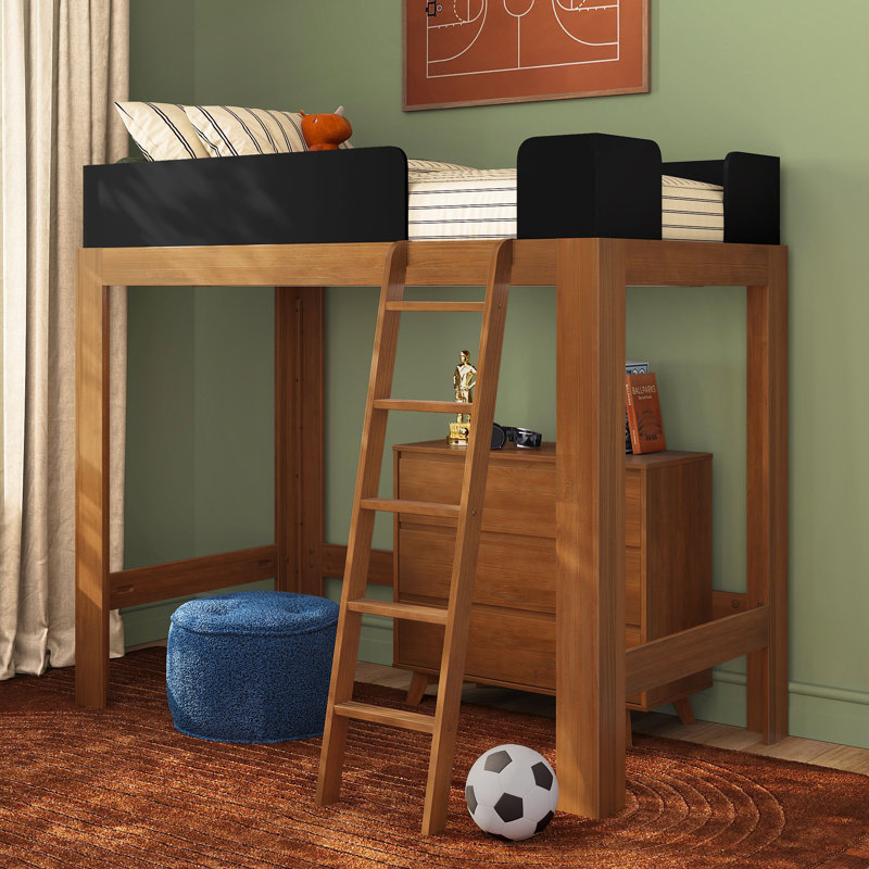 Lit mezzanine simple en bois massif Ambur, Pacane / Noir