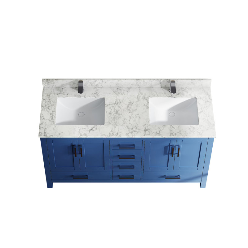 Meuble-lavabo 59 po, bleu, lavabo double, trou de robinet, rangement 4 portes 6, bois massif multifonctionnel caché, contreplaqué, lavabo rectangulaire en céramique, look minimaliste moderne, poignées rétro,