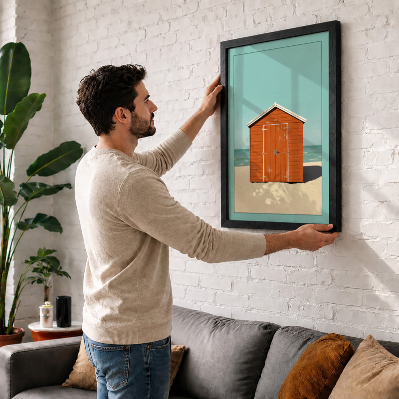 Red Beach Hut Coastal - Framed Print, Oak, A4 - 29.7 x 21.0 cm