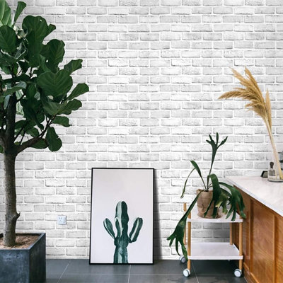 Faux Brick Peel-And-Stick Wallpaper – White & Grey – 3D Brick Pattern, 18 In × 393 In