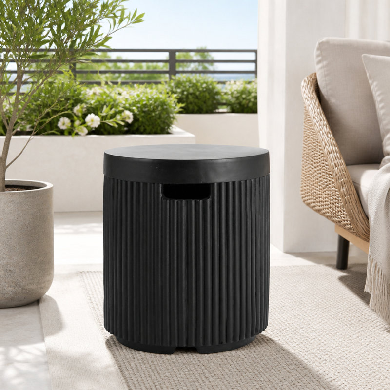 Outdoor Round Propane Tank Cover Table with Vertical Fluted Design, Black