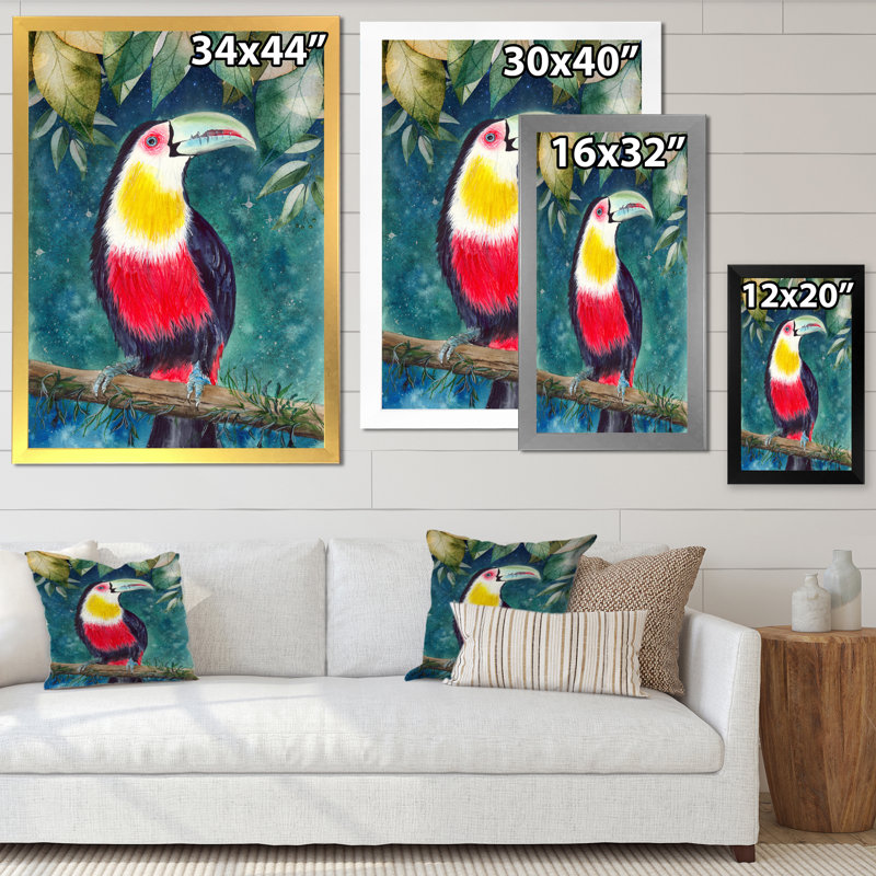 Toucan sur une branche d'arbre avec feuilles d'émeraude - reproduction sur toile, H 20 po x l 12 po x P 1 po