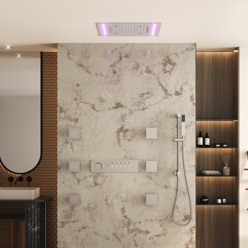 Système de douche thermostatique à 5 fonctions avec douchette à main, 6 jets corporels, lumière DEL et barre coulissante