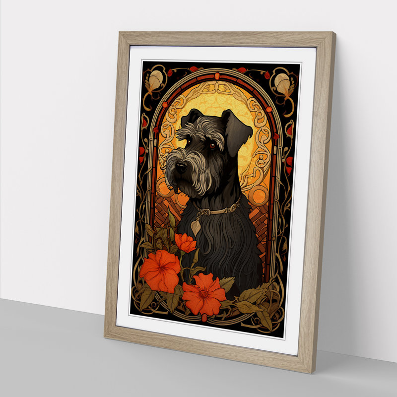 Schnauzer Nouveau - Single Picture Frame Print on Wood, 46cm H x 34cm W x 2cm D, Oak