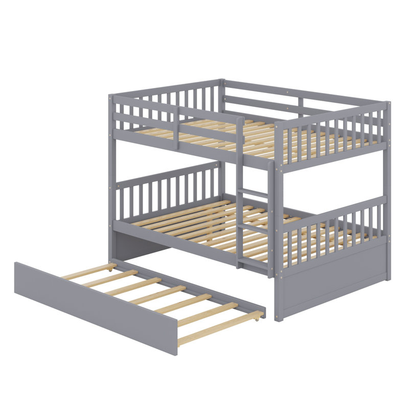 Bunk Bed With Trundle, Featuring Ladder And Guardrails, Gray