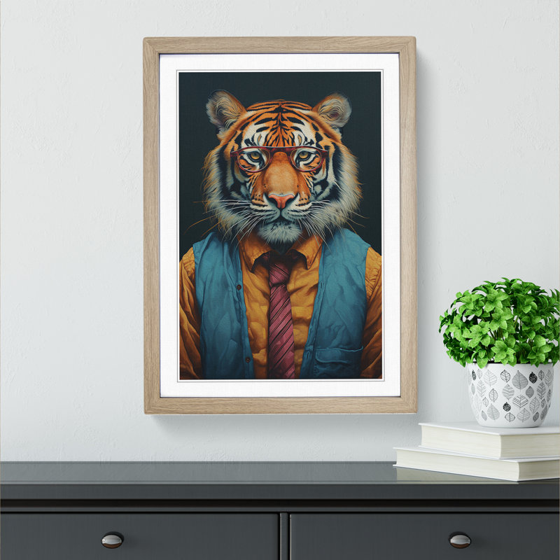 XYZ-FRM-V1223-1639 Tiger With Glasses Painting - Single Picture Frame Print on Wood, 64cm H x 46cm W x 2cm D, Oak