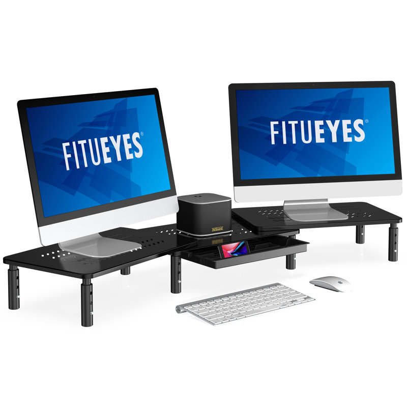 FITUEYES Support de bureau double en métal avec tiroir, support d'ordinateur réglable à 3 hauteurs pour le bureau à domicile et l'école - noir