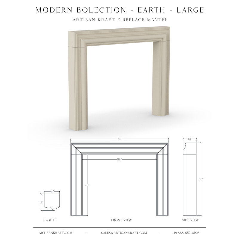 Encadrement de foyer moderne en pierre de fonte avec foyer standard, Terre, P 7,5 po x l 74 po x H 52 po
