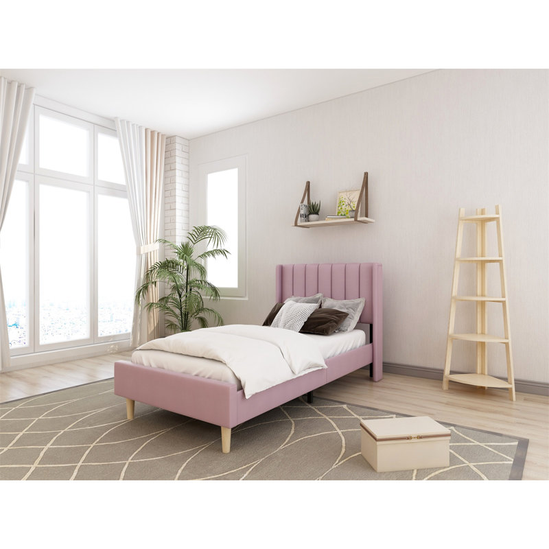Lit plateforme tapissier avec tête de lit à oreilles Eriksay, Velours rose pâle, Simple