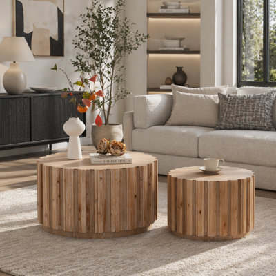 Ensemble de 2 nichoirs ronds gigognes en bois de noyer avec un design à lattes verticales pour un décor de salon rustique