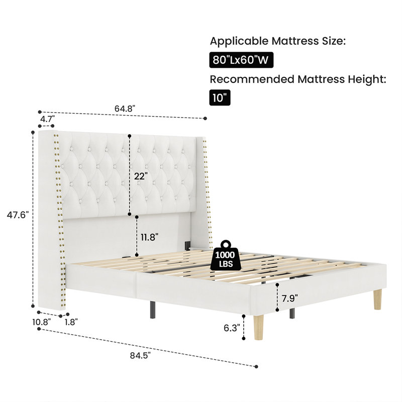 House of Hampton Modern Velvet Upholstered Platform Bed with Wingback Tufted Headboard, Beige, Queen
