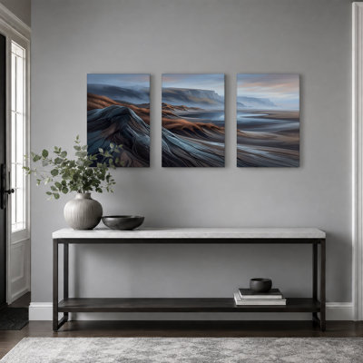 Muted Blue and Brown Coastal Dunes with Misty Set Of 3 Canvas Wall Art