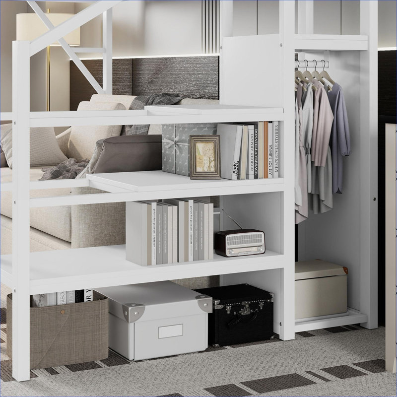 Structure de lit mezzanine simple extra-longue, lit mezzanine haut en métal avec escalier et rangement intégré pour enfants adolescents en blanc pur