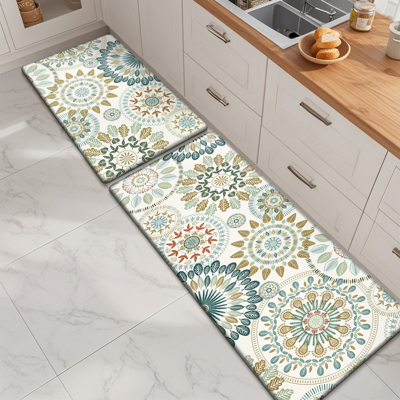 Jalissia Anti-Fatigue Non-Skid Kitchen Mat, Runner 18" x 30" + 18" x 48", Brown/White/Green/Blue