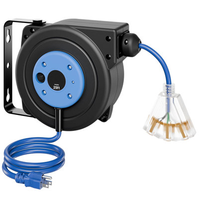 Enrouleur de rallonge rétractable 7,6 m (25 pi) robuste 14 AWG/3C SJTOW bleu, fixation plafond/mur, disjoncteur 13 A, enroulement automatique du cordon, triple prise éclairée, support pivotant à 180°