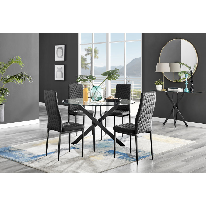 Tierra Modern Chrome Metal & Glass Round Dining Table Set with 4 Quilted Faux Leather Chairs, Black/Black