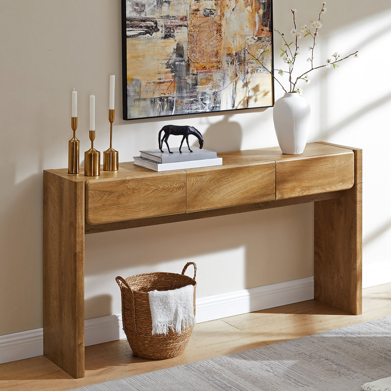 63' Farmhouse Console Table, Entryway Table, Narrow Console Sofa Table With 3 Top Drawers, Chêne noueux clair