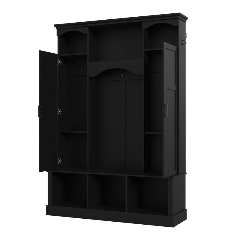 Modern All-in-One Hall Tree with Adjustable Shelves, Dual Side Cabinets, 7 Hooks, and Secure Anti-Tip Design for Entryway Organization.