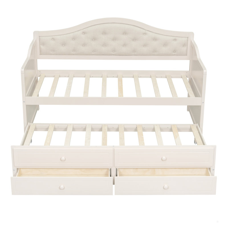 Lit simple tapissier en bois avec lit gigogne et 2 tiroirs de rangement, Beige