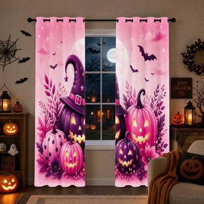Ensemble de 2 rideaux occultants sur le thème de l'Halloween, motif citrouille rose, chapeau de sorcière, chauve-souris et lune. Isolants thermiques et insonorisants, ils bloquent la lumière et sont parfaits pour la chambre, le salon ou une fête.