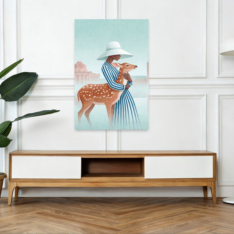 «Elegant Woman and Fawn Elegant Serene Abstract Deer City Architecture», reproduction d'art murale, 48" H x 32" W