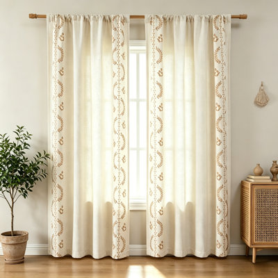 Vintage Boho Patterned Linen Curtains, Gold Embroidered 2 Panel Set, Light Filtering Drapes with Back Tab & Rod Pocket