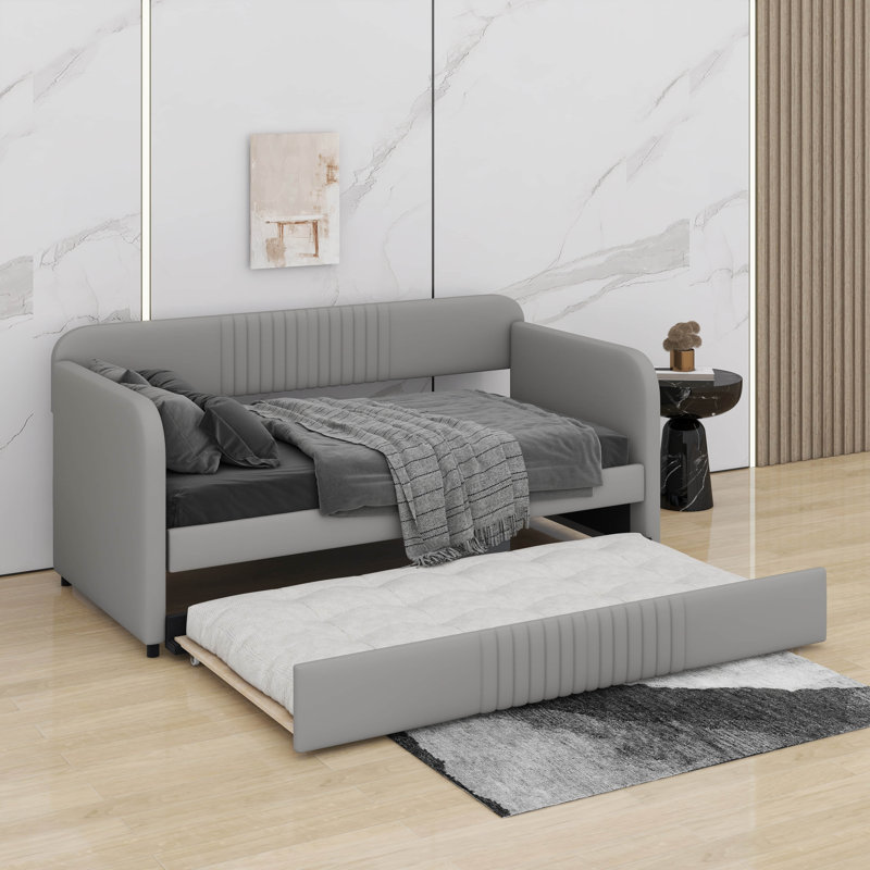 Multi-Functional Twin Daybed With Trundle - Upholstered Sofa Bed & Guest Bed With Wood Slat Support