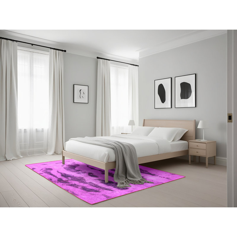 Tapis abstrait rose / mauve fabriqué à la machine, Rectangle 5 pi x 7 pi
