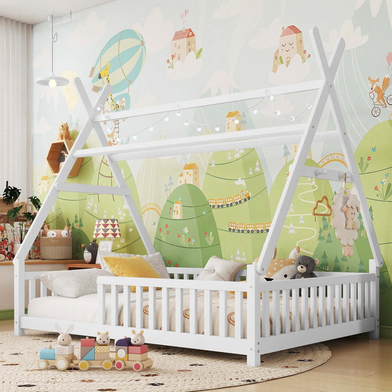 Lit double pleine grandeur à plancher bas avec lumière, clôture et toit pour enfants, blanc, Lit double, Blanc