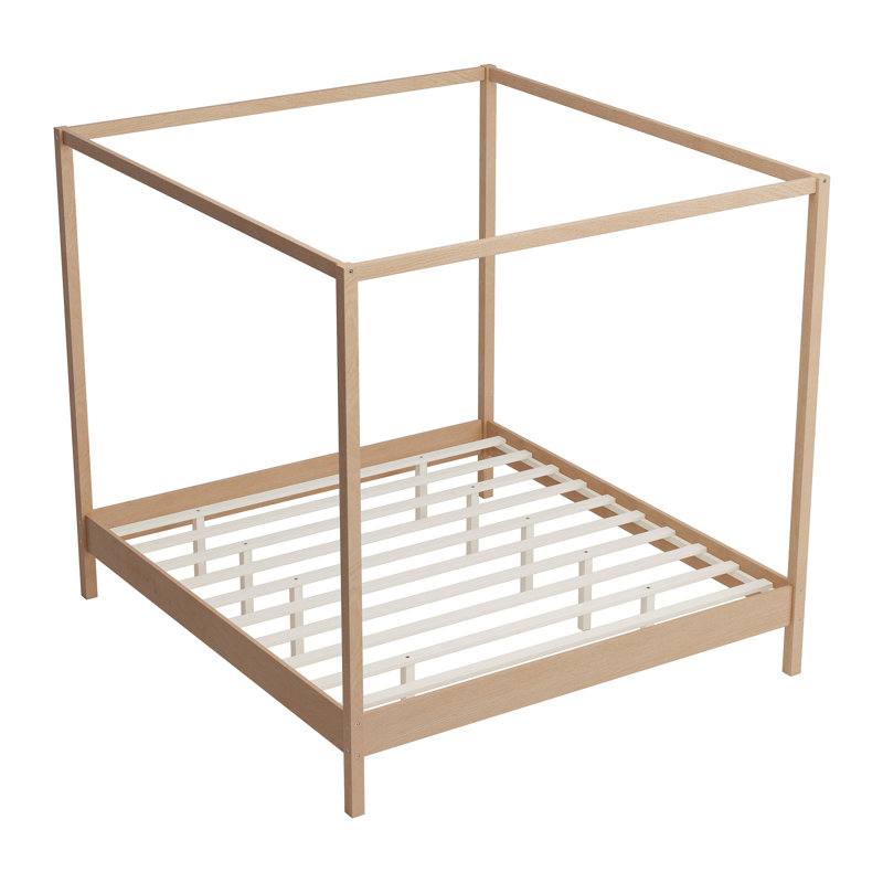 Solid Wood Canopy Bed Frame Four Poster Platform Bed, Tan, King