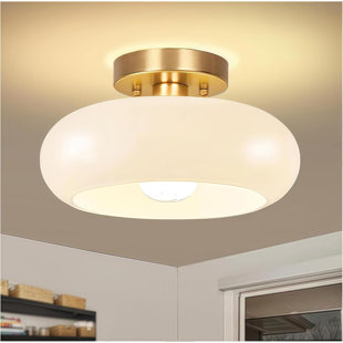 Gold Semi Flush Mount Ceiling Light 11inch Mid Century Modern Light Fixture Hallway Lighting Fixture with Milk White Glass Shade