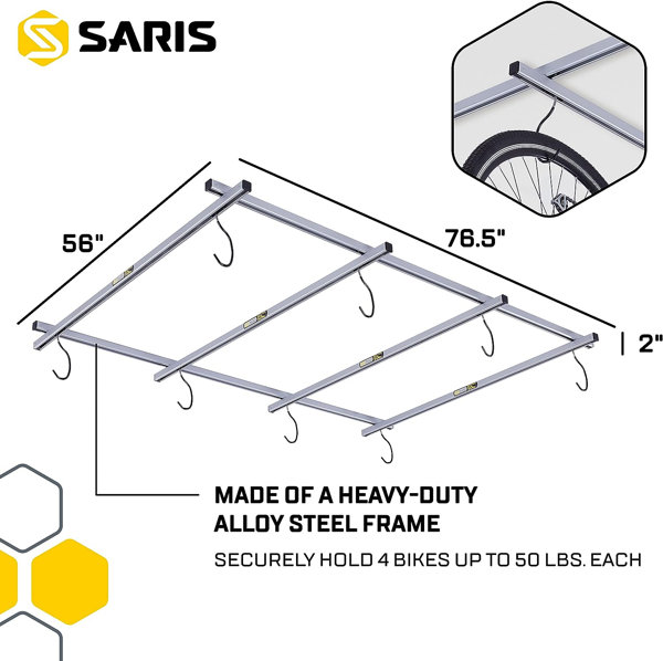 Saris Cycle Glide Ceiling Bike Rack, 4 Bike Hooks for Garage Ceiling,  Adjustable Bike Hooks