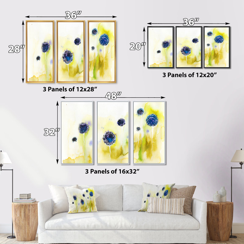 Fleurs bleues dans la prairie - Ensemble d'art mural sur toile traditionnel encadré de 3, H 28 po x l 36 po x P 1 po, Noir