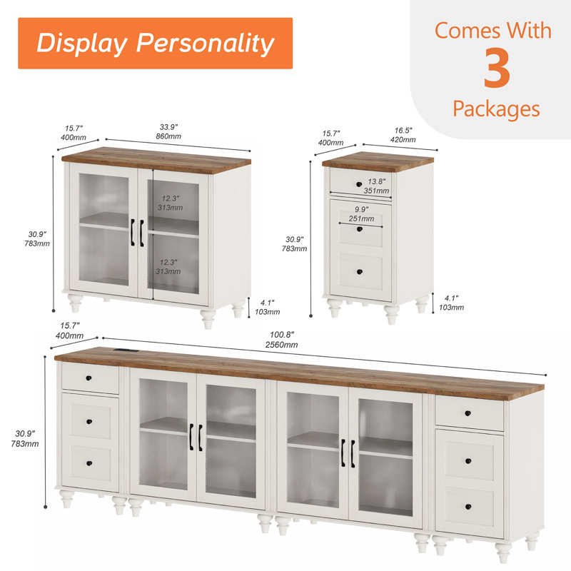 Corretta Sideboard Cabinet with 4 Glass Doors and Multiple Drawers, White/Brown
